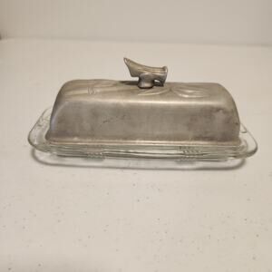 Vintage 1950s Everlast Forged Aluminum Covered Butter Dish Retro Bamboo Pattern